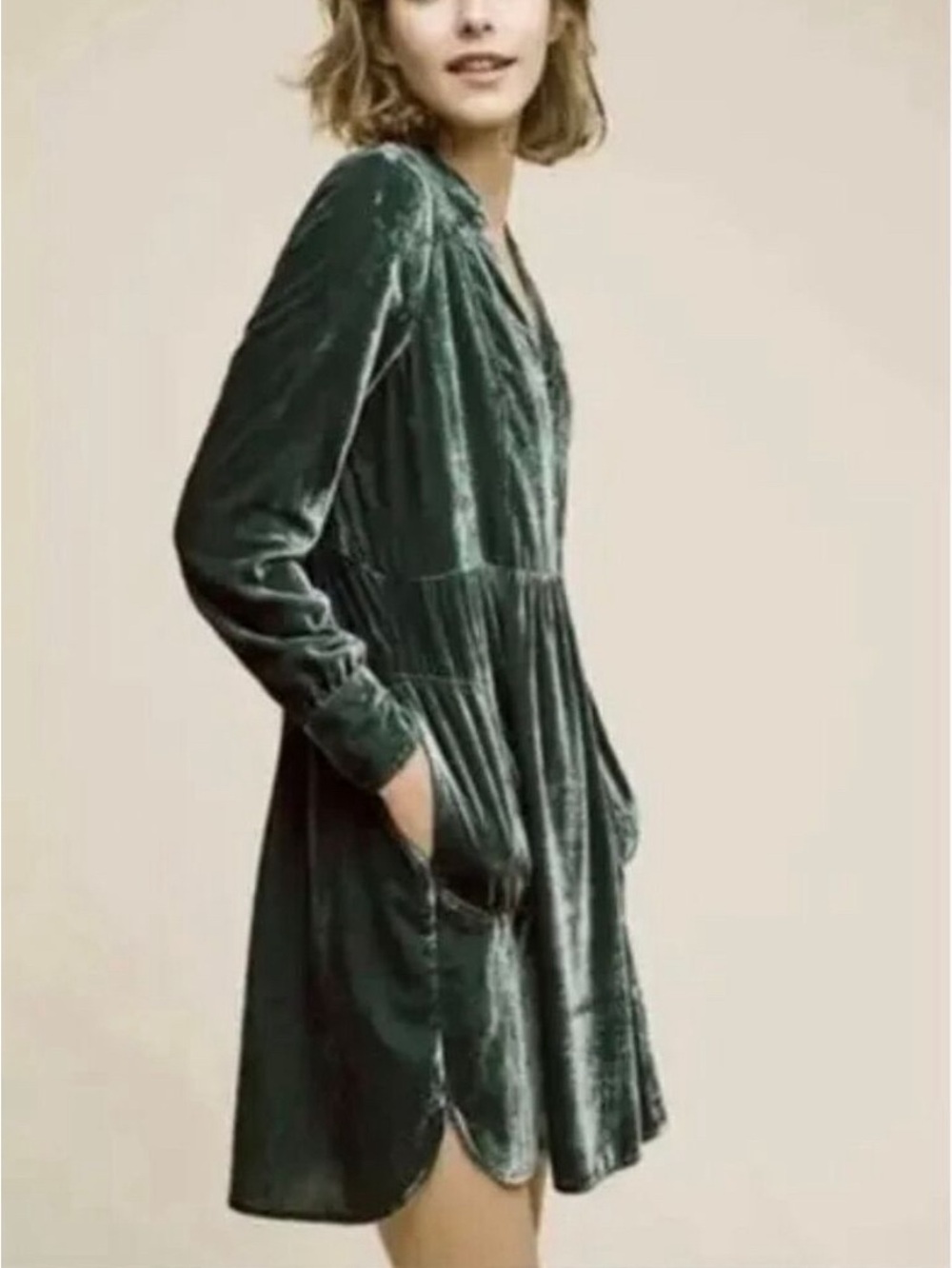 NWOT Anthropologie Holding Horses Nantes Green Crushed Velvet Shirt Dress